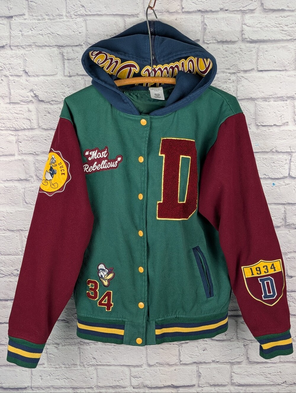 Disney Donald Duck Most Rebellious Varsity Green Letterman Jacket M Adult